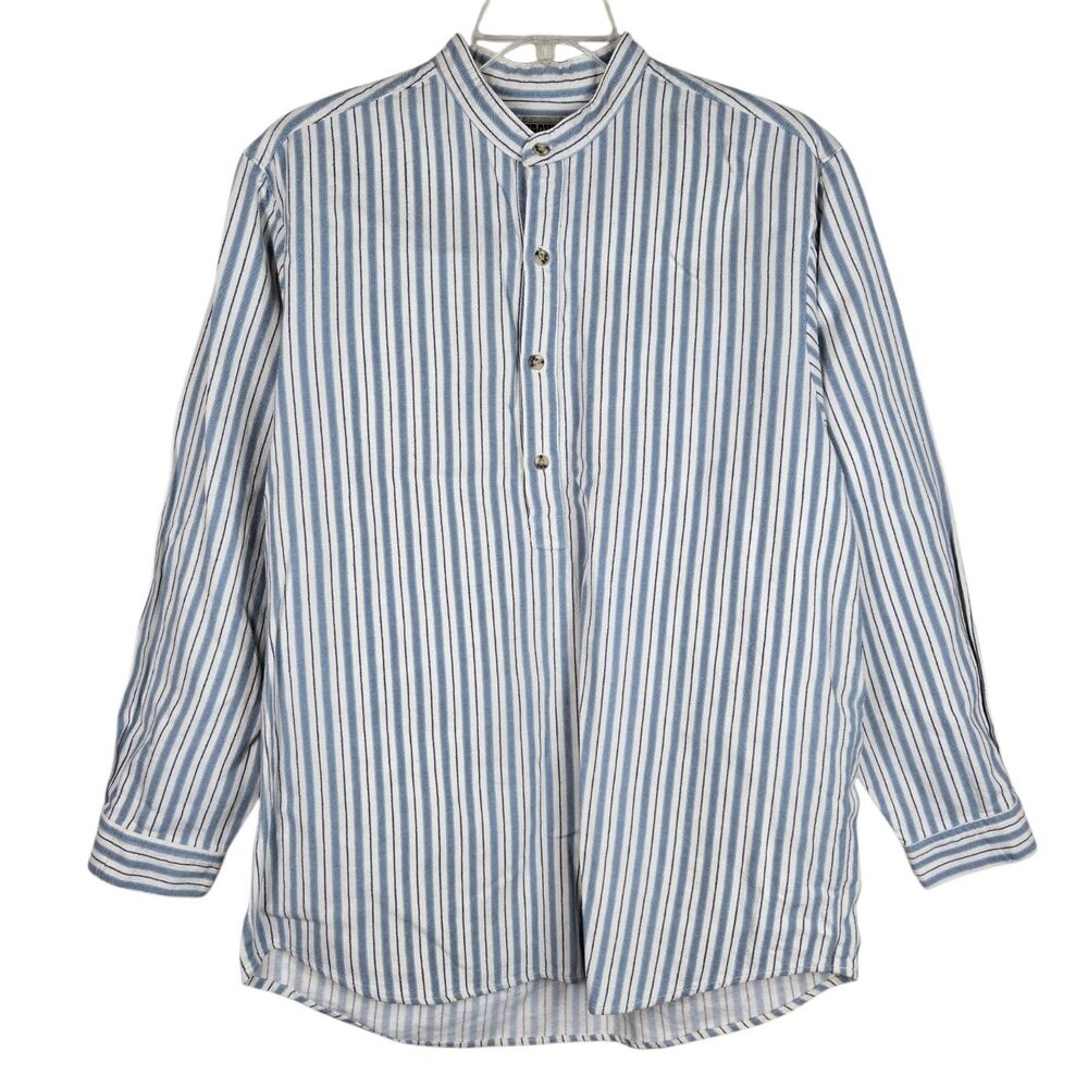 Frontier Classics Striped Denim Popover Shirt M Band Collar Long Sleeve Western